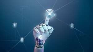 Futuristic 5g wireless network, ai robot hand tap on wifi icon
